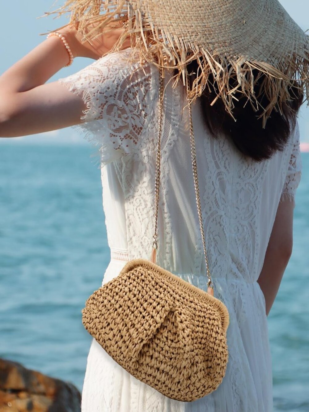 Straw Clutch Purses for Women Woven Dumpling Bag Summer Beach Clutch Wicker Cros - Picture 2 of 7